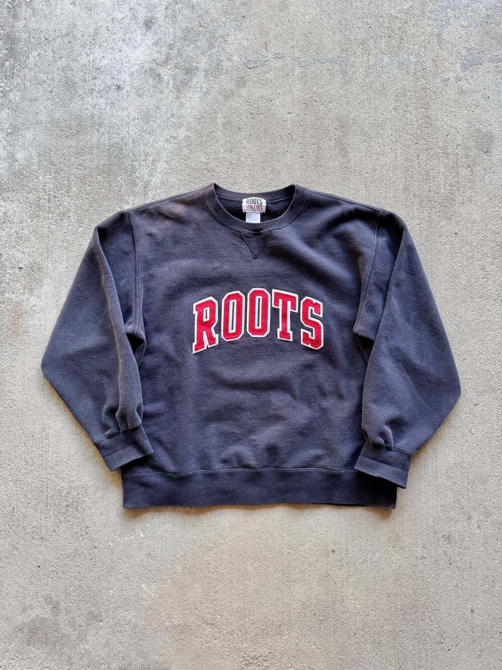 Vintage ROOTS Navy Red Varsity Logo Cotton Blend Fleece Sweatshirt, Size XL